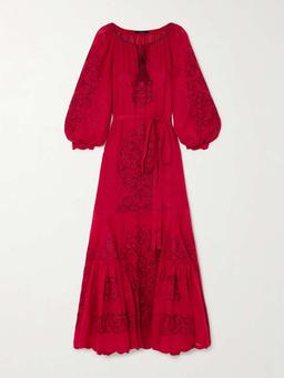 Cairo tasseled bead-embellished embroidered linen maxi dress