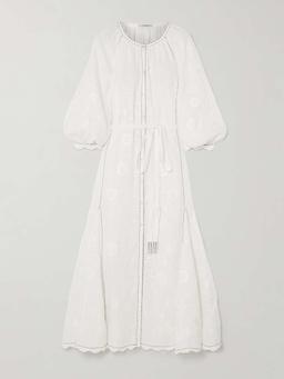 Nathalie belted scalloped embroidered linen maxi dress
