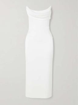 Strapless draped satin-crepe midi dress