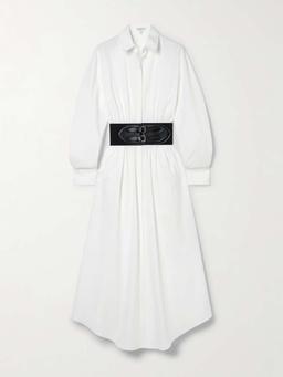 Belted leather-trimmed cotton-poplin midi shirt dress
