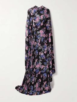 Cape-effect floral-print plissé-crepe gown