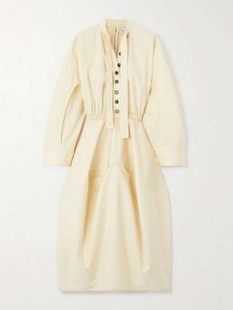 Tie-detailed gathered cotton-twill midi shirt dress