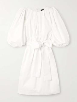 Belted pleated cotton-poplin midi dress