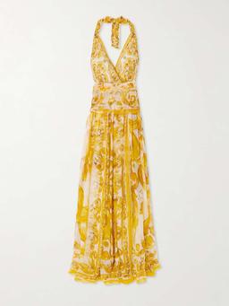 Maiolica open-back pleated printed silk-chiffon halterneck maxi dress