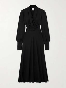 Belted draped wrap-effect recycled crepe midi dress