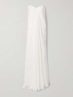 Strapless draped silk-chiffon gown