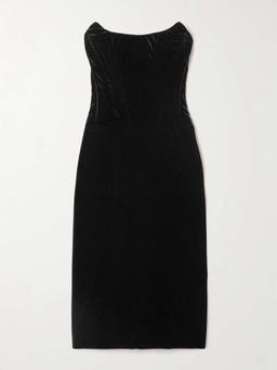 Strapless velvet corset midi dress