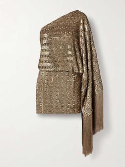 Eternity one-sleeve fringed sequined satin mini dress