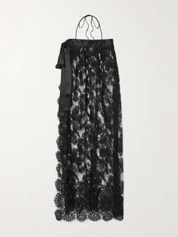 Halterneck satin-trimmed cotton-blend lace midi wrap dress