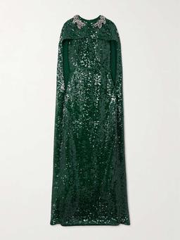 Cape-effect crystal-embellished sequined crepe gown
