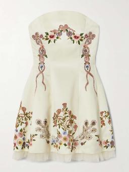 Peacock strapless tulle-trimmed embroidered crepe mini dress