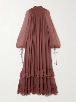Ruffled tiered pleated silk-crepon gown
