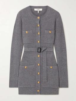 Belted ribbed wool-blend mini dress