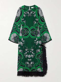 Seraphina crystal-embellished feather-trimmed printed crepe de chine midi dress