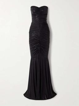 Strapless metallic ruched stretch-jersey gown