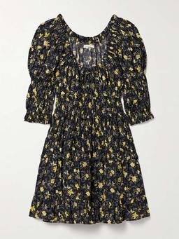 Ismene shirred floral-print organic cotton-blend voile mini dress