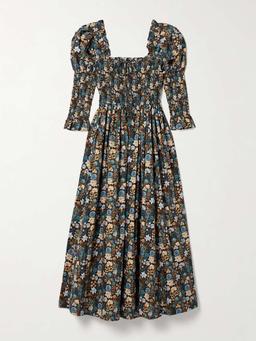 Bijou shirred floral-print organic cotton-voile midi dress