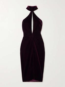 Cutout draped velvet halterneck midi dress