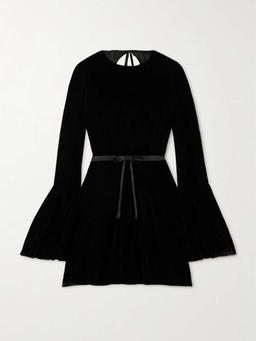 Belted satin-trimmed velour mini dress