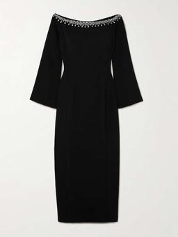 Off-the-shoulder embellished cady midi dress