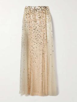 Cape-effect embellished tulle gown