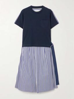 Belted striped cotton-poplin and jersey midi dress