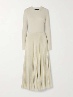 Pleated wool ribbed-knit midi dress