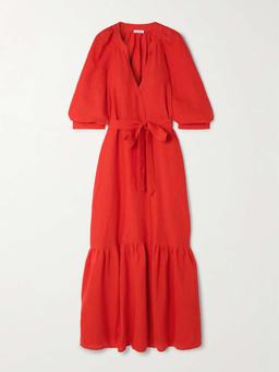 Joie tiered belted wrap-effect linen maxi dress