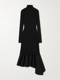 Asymmetric satin-trimmed ribbed-knit turtleneck midi dress