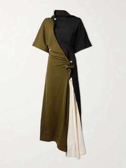 Draped asymmetric color-block satin dress