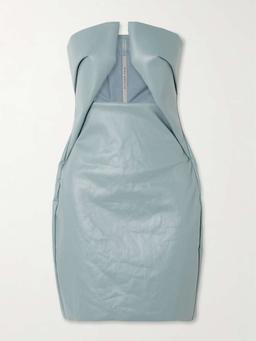 Strapless cutout coated-denim mini dress