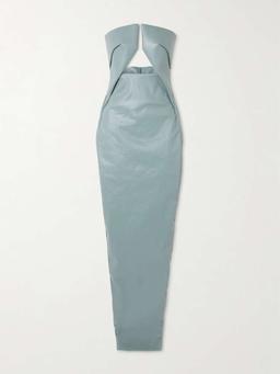 Strapless cutout coated-denim gown