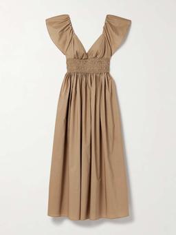Shirred organic cotton-poplin midi dress