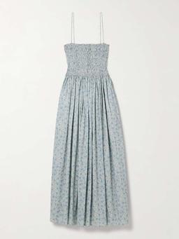 Floral-print shirred organic cotton-poplin midi dress