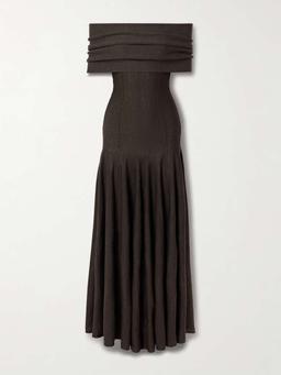 Ava off-the-shoulder pleated wool-blend maxi dress