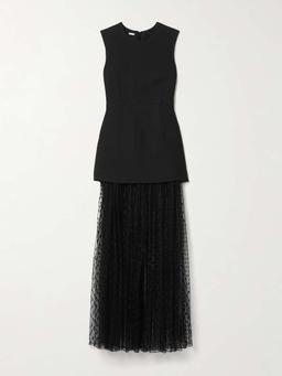 Layered fil coupé silk and grain de poudre wool-blend peplum maxi dress