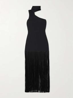 Atlanta asymmetric one-shoulder fringed crepe gown