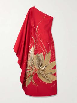 Hardison one-shoulder metallic floral-jacquard and crepe gown