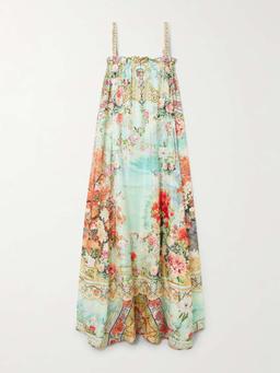 Crystal-embellished printed silk maxi dress
