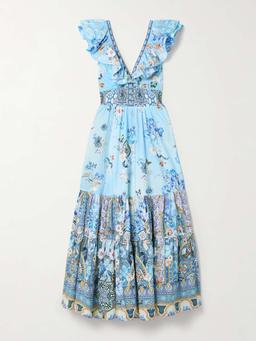 Ruffled crystal-embellished printed organic cotton-poplin maxi dress