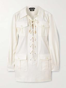 Lace-up cotton and silk-blend twill mini dress