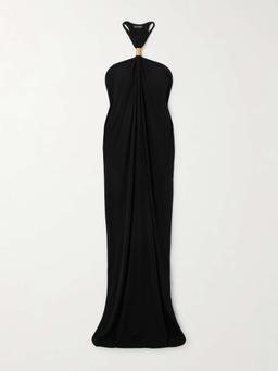 Gathered embellished jersey halterneck gown