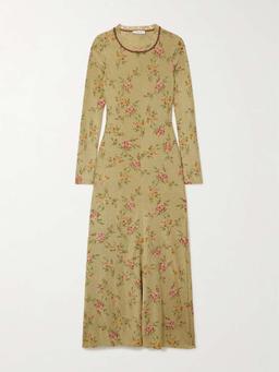 Distressed floral-print metallic knitted maxi dress