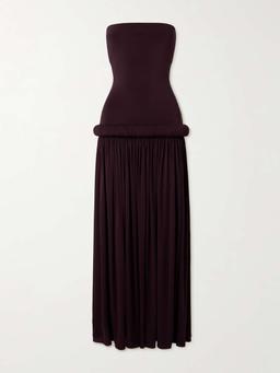 Strapless pleated stretch-jersey midi dress