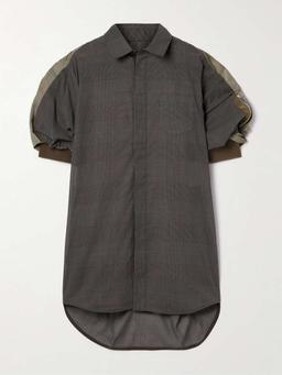 Asymmetric shell-trimmed checked cotton-voile mini shirt dress