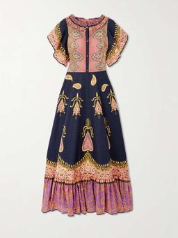 Ruched tiered paisley-print cotton-muslin midi dress