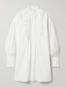 Lace-trimmed ruffled cotton, linen and silk-blend mini shirt dress