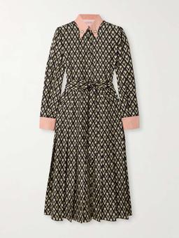 Embellished belted printed silk-twill midi shirt dress