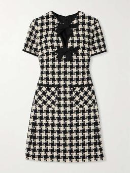 Bow-embellished crepe-trimmed checked tweed mini dress
