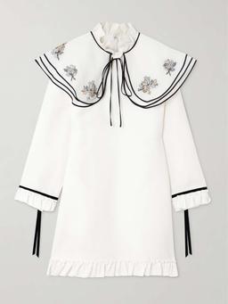 Embellished cape-effect ruffled wool and silk-blend crepe mini dress